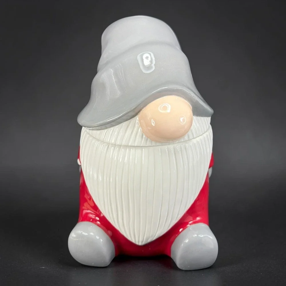 Pottery Barn Christmas Gnome Cookie Jar‎ Red Canister Ceramic Holiday Large NEW